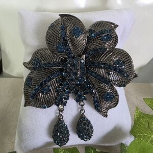 Oxidized Silver and Teal Rhinestone Statement Flower Brooch Pin